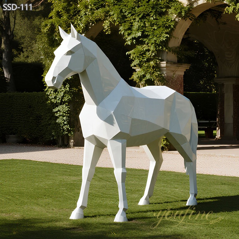 life size Modern Metal Geometric White Horse Sculpture for lawn