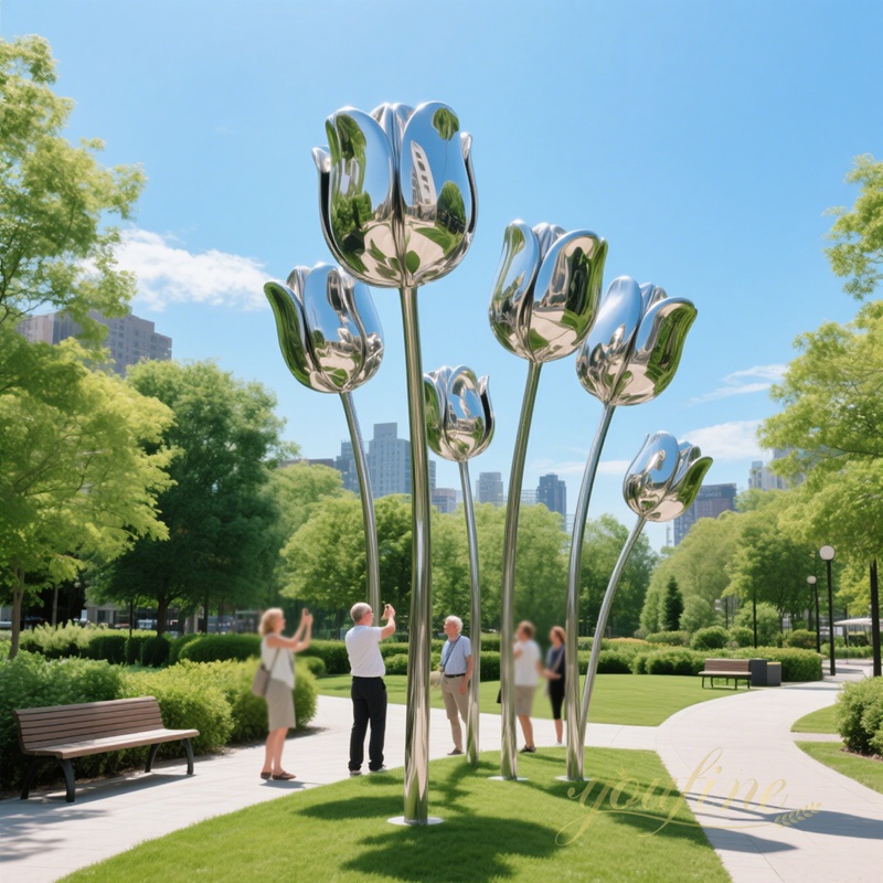 modern mirror polish stainless steel tulip sculpture