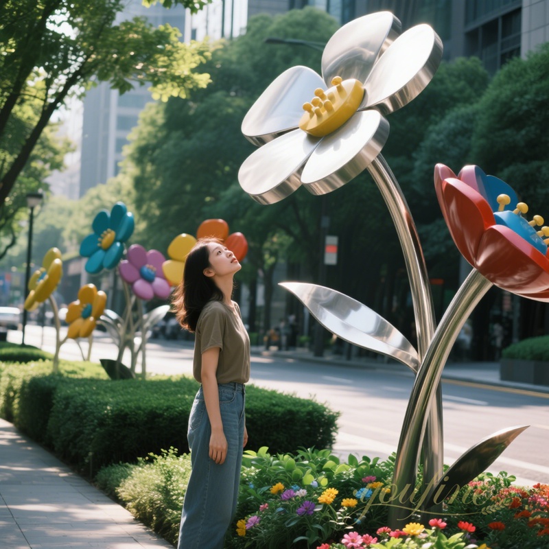 large urban city abstract stainless steel flower sculpture