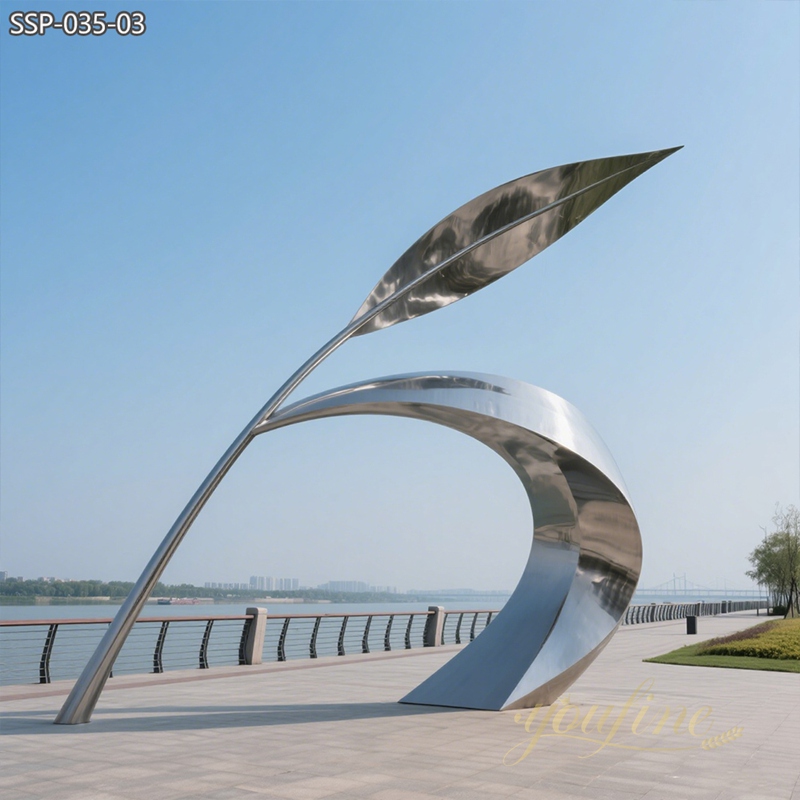 large stainless steel abstract leaf sculpture