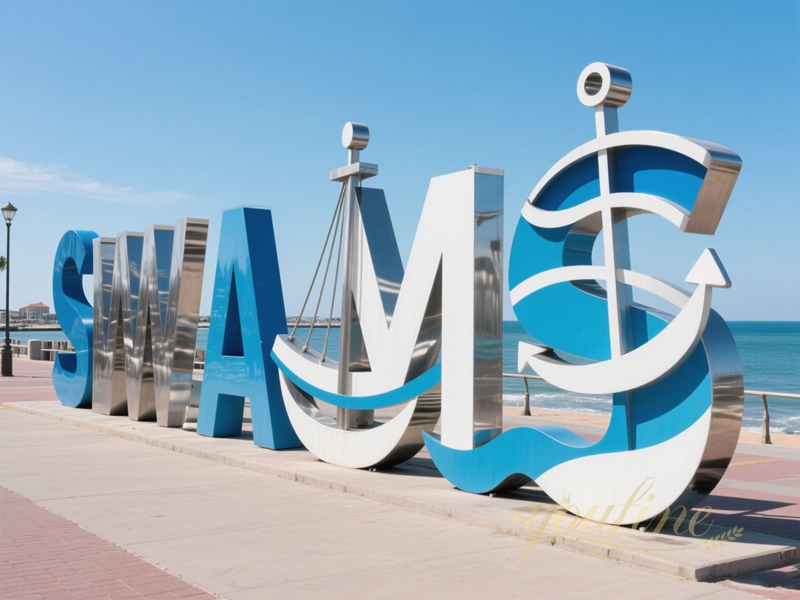 modern stainless steel seaside logo sculpture