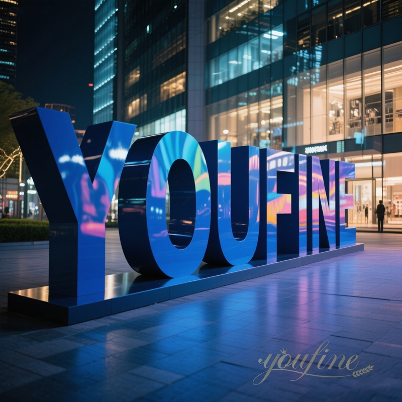 large stainless steel outdoor logo sculpture