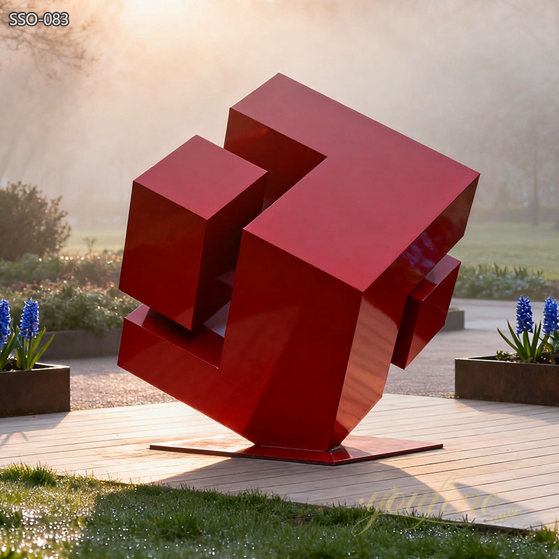 Modern Red Cube Sculpture for Park - Square Sculpture - 3