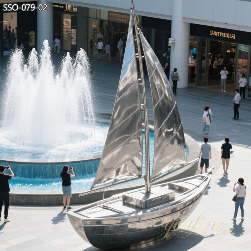 modern Stainless Steel Sailboat Sculpture for Outdoor Water Features