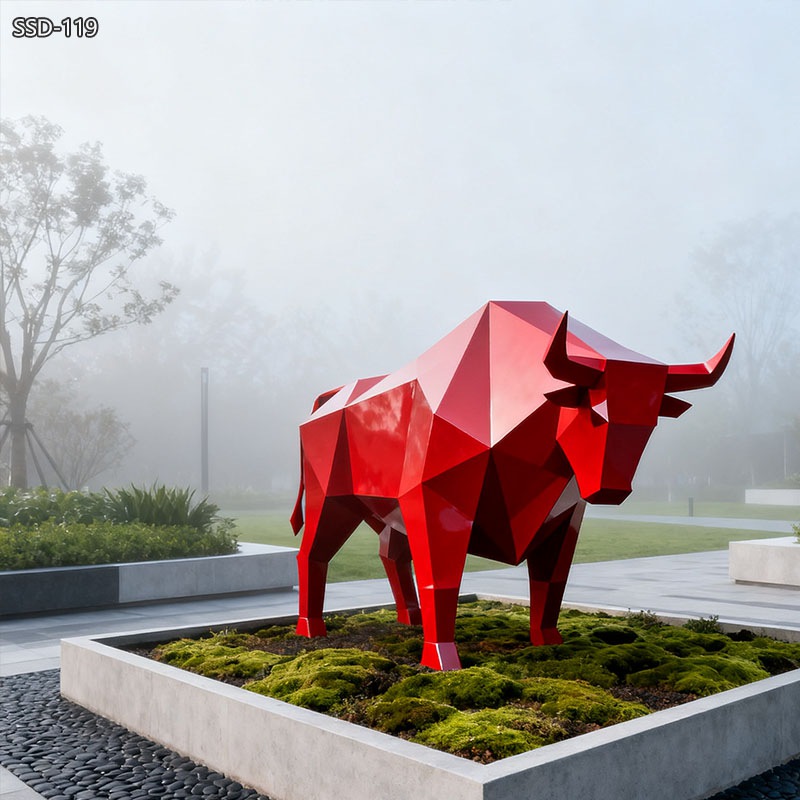 Stainless Modern Red Bull Sculpture - Geometric Animal Sculpture - 3