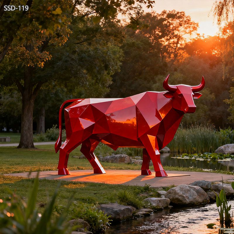 Stainless Modern Red Bull Sculpture - Geometric Animal Sculpture - 2