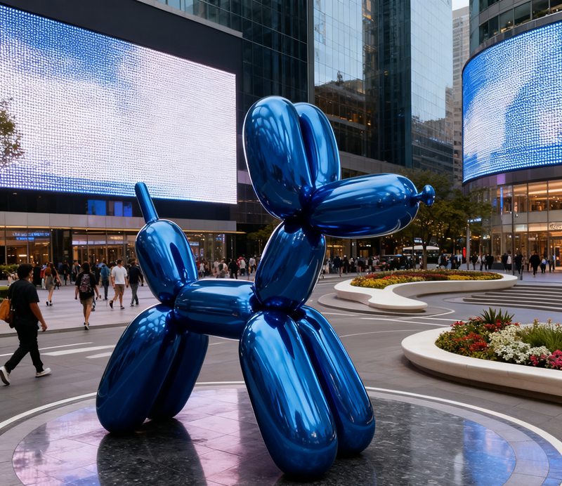 large blue stainless steel balloon dog sculpture