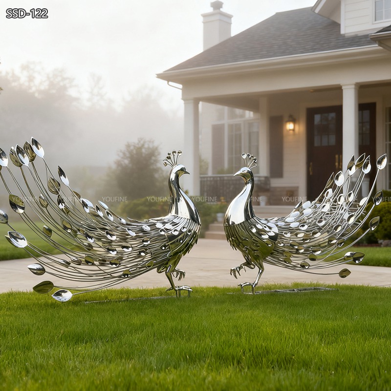 Custom Stainless Steel Peacock Sculpture - Metal Animal Sculpture - 1 modern double Stainless Steel Peacock Sculpture
