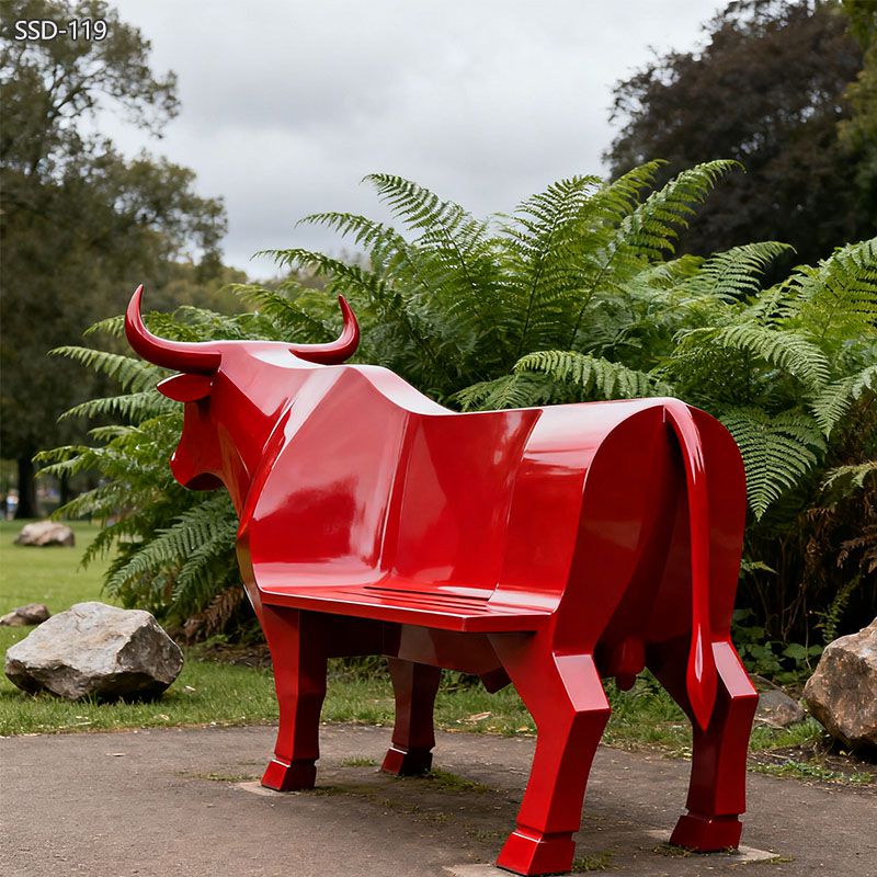 Stainless Modern Red Bull Sculpture - Geometric Animal Sculpture - 4