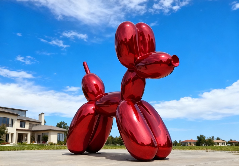 large red outdoor stainless steel balloon dog sculpture