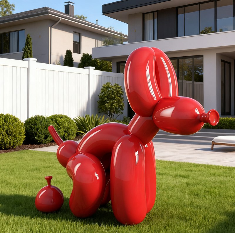 large red stainless steel balloon dog sculpture