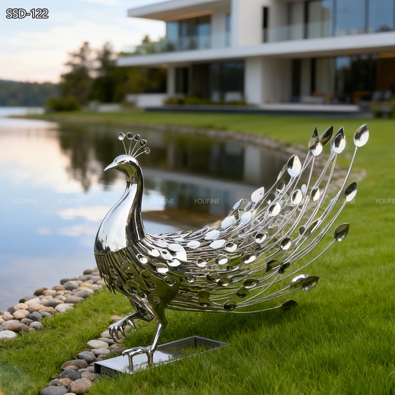 Custom Stainless Steel Peacock Sculpture - Metal Animal Sculpture - 2 abstract water side Stainless Steel Peacock Sculpture