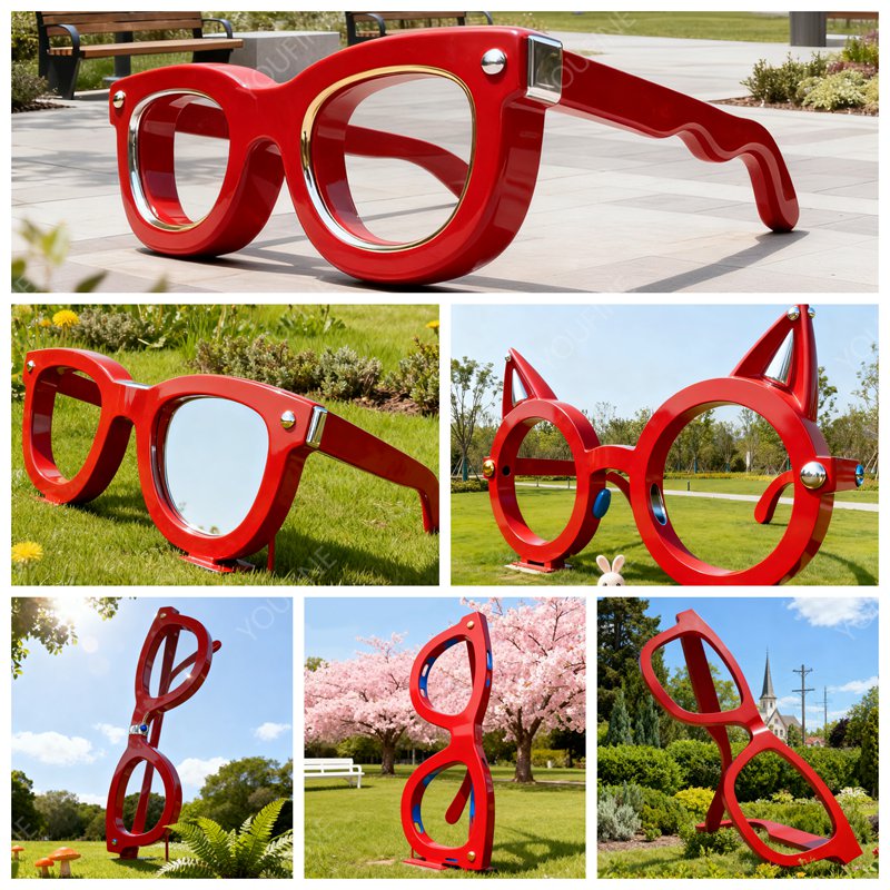 Large Painted Red Metal Art Eyeglasses Sculpture CSA-57 - Painted Metal Sculpture - 3 Large Painted Red Metal Art Eyeglasses Sculpture