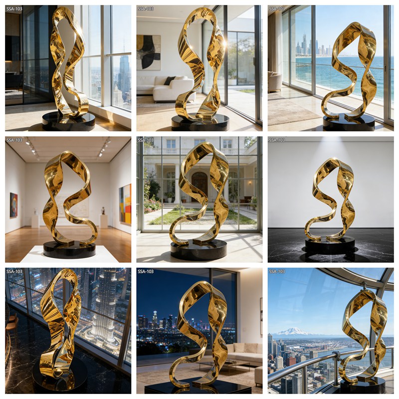 stainless steel abstract art sculpture in different spaces