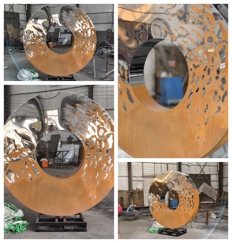unique corten steel and stainless steel ring sculpture