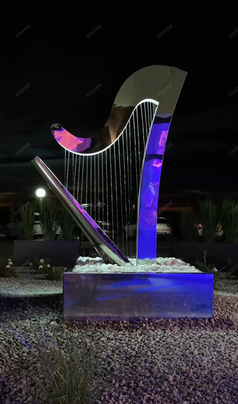 hotel sculpture - modern stainless steel harp fountain