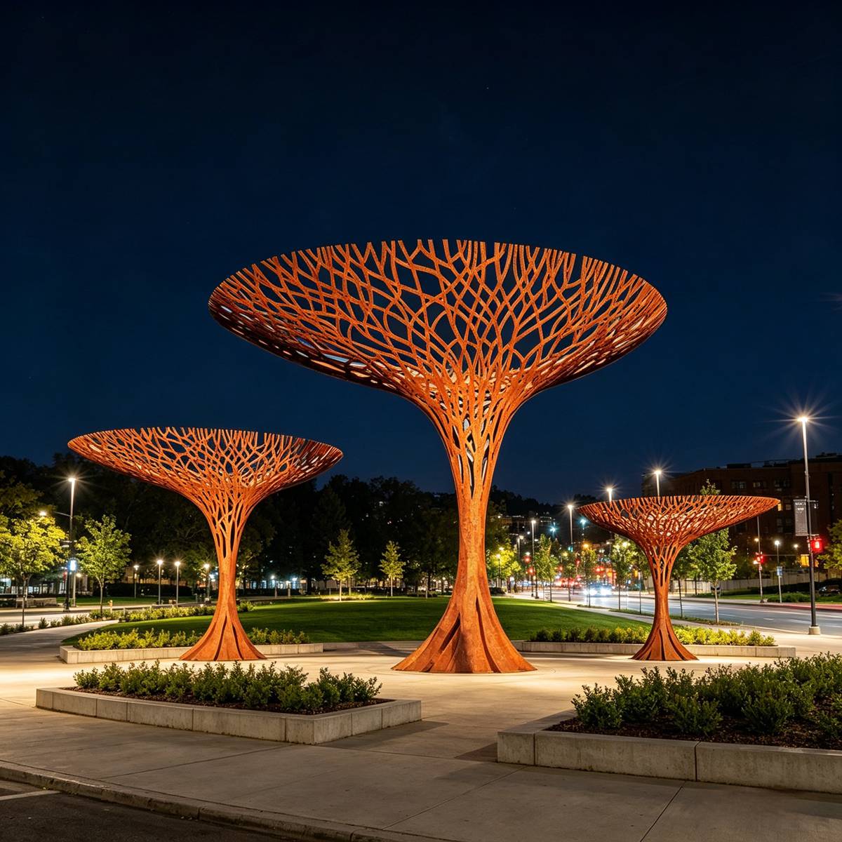 Large Steel Tree Sculptures with Abstract Canopy for roundabout