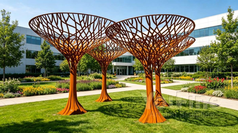 Large Steel Tree Sculptures with Abstract Canopy