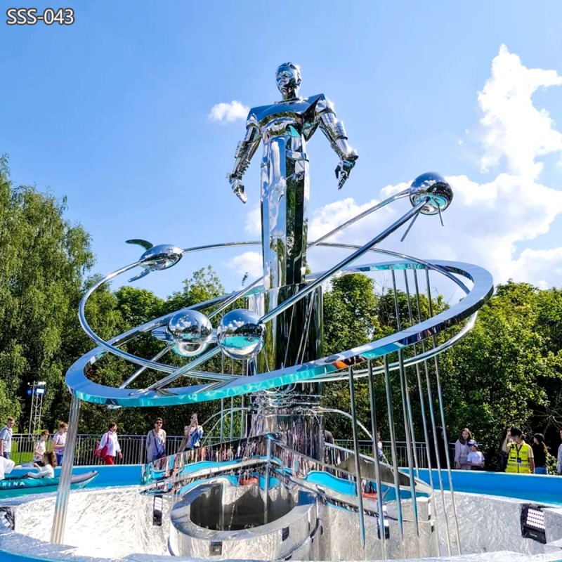 Large Stainless Steel Cosmic Figure Sculpture Fountain – Modern Galaxy & Orbit Water Feature