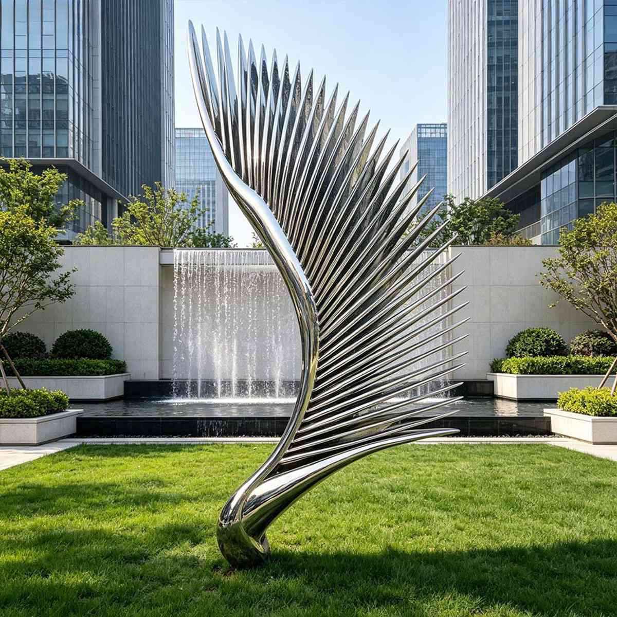 Modern Mirror Polished Wing Sculpture - Stainless Steel Wing Sculptures - 1 Modern Mirror Polished Stainless Steel Wing Sculpture for Commercial Center Square