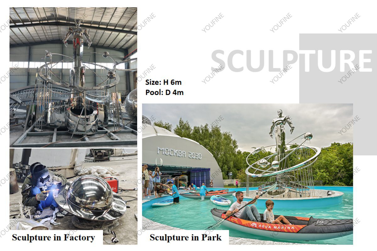 Large Stainless Steel Cosmic Figure Sculpture Fountain - Modern Galaxy & Orbit Water Feature - Landscape Sculpture - 3 youfine stainless steel figure sculpture in water feature