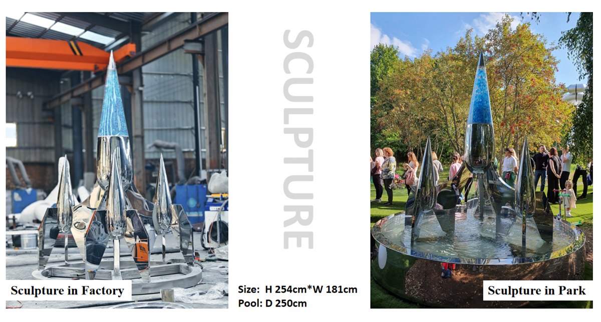 Modern Mirror Polished Rocket Fountain Sculpture - Abstract Water Sculpture - 5 stainless steel rocket sculpture