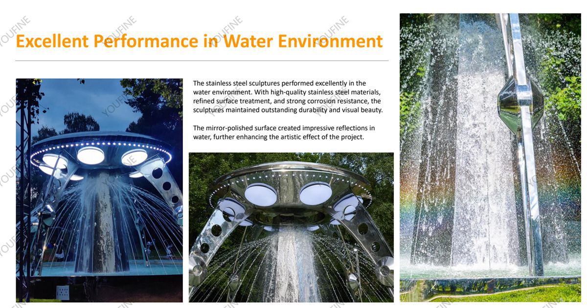 youfine stainless steel ufo sculpture in water feature