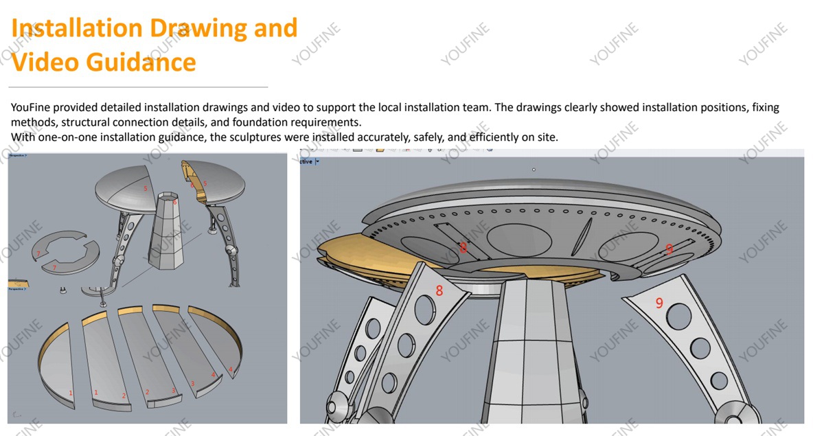 youfine stainless steel ufo sculpture installation drawings