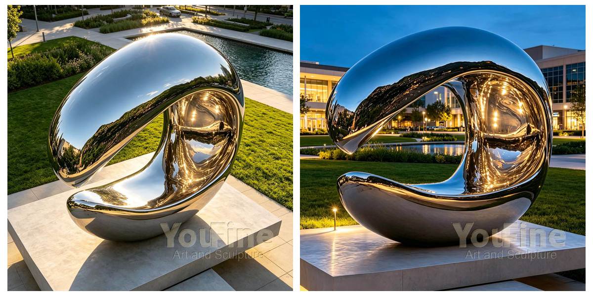 Large Abstract Mirror-Polished Outdoor Sculpture - Garden Metal Sculpture - 1 Large Abstract Mirror-Polished Outdoor Sculpture