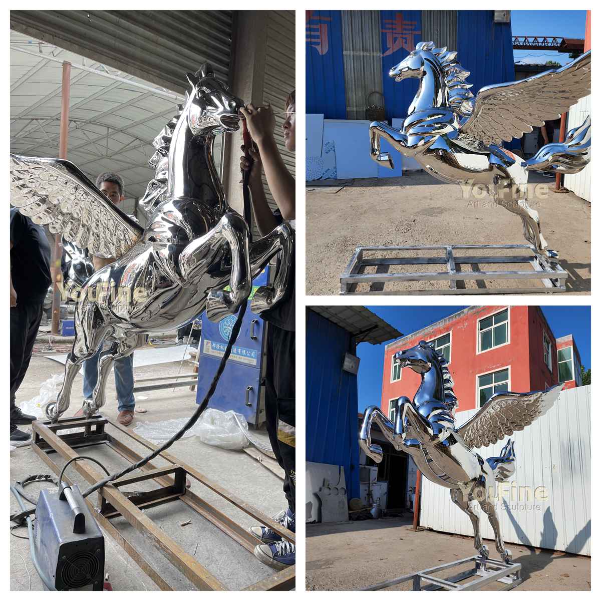 Large Modern Mirror-Polished Stainless Steel Pegasus Sculpture - Stainless Steel Horse Sculpture | Modern & Life Size Statues for Sale - 2 Modern Mirror-Polished Stainless Steel Pegasus Sculpture