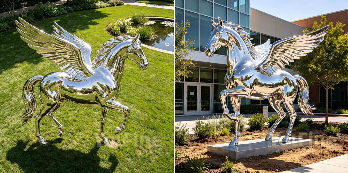 Large Modern Mirror-Polished Stainless Steel Pegasus Sculpture - Stainless Steel Horse Sculpture | Modern & Life Size Statues for Sale - 1 Modern Mirror-Polished Stainless Steel Pegasus Sculpture