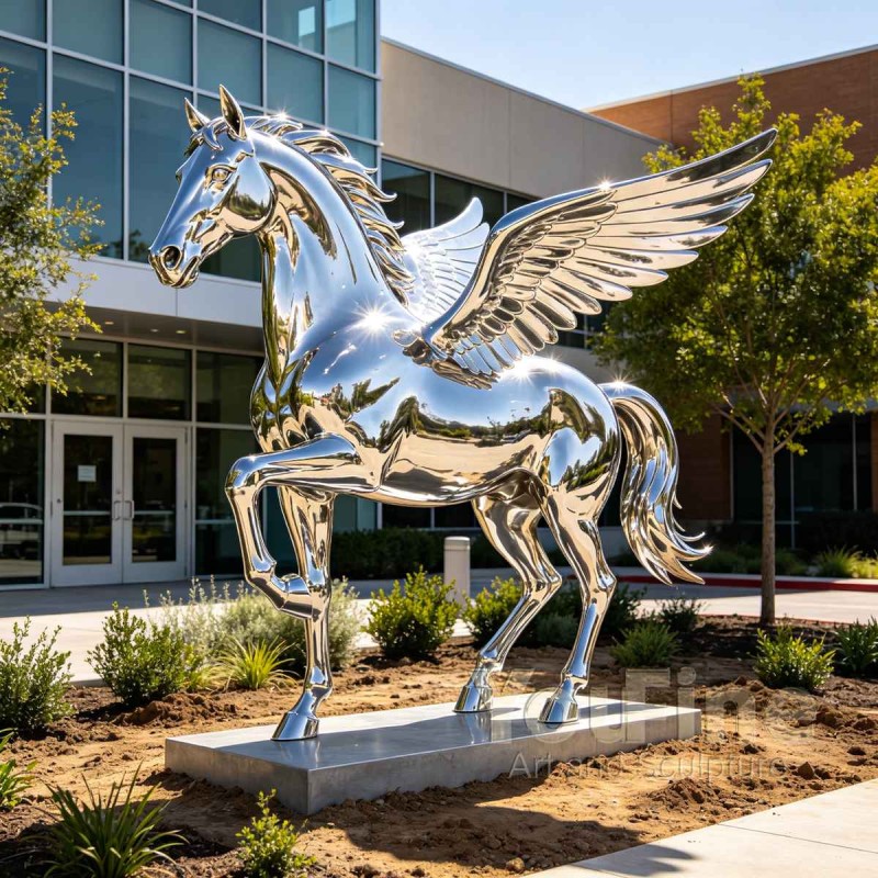 Large Modern Mirror-Polished Stainless Steel Pegasus Sculpture Large Modern Mirror-Polished Stainless Steel Pegasus Sculpture