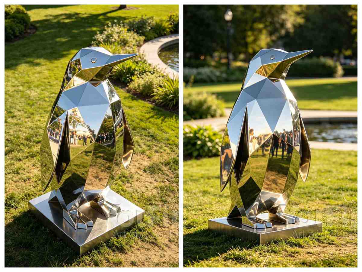 Modern Geometric Stainless Steel Penguin Sculpture - Metal Animal Sculpture - 1 stainless steel Geometric Stainless Steel Penguin Sculpture
