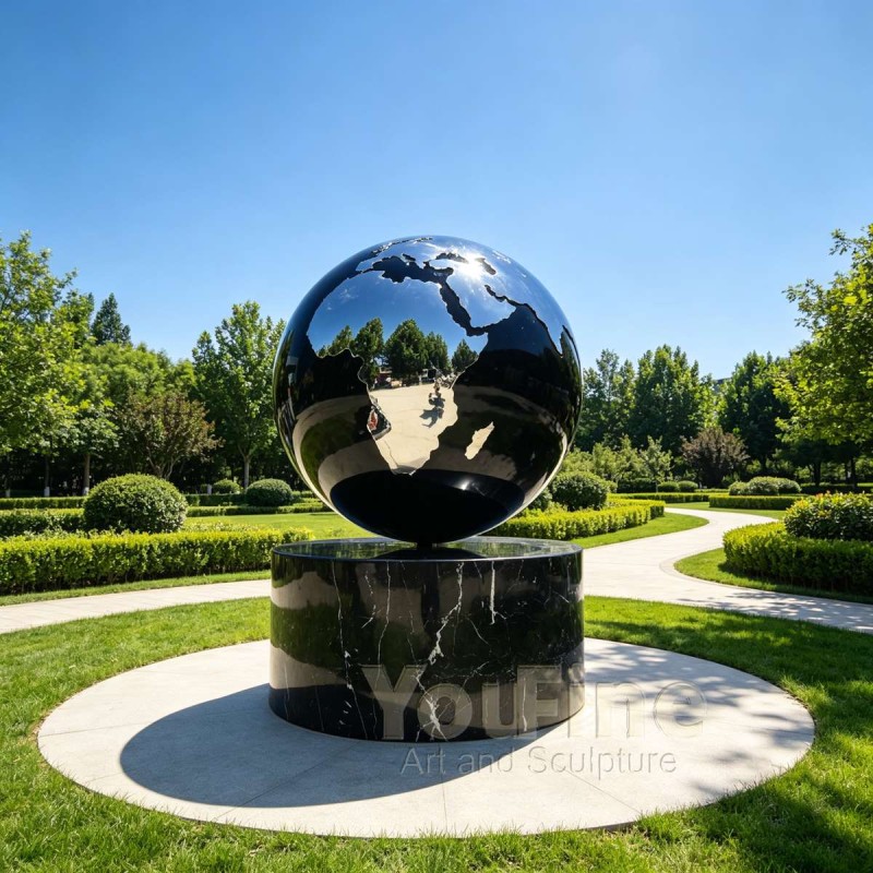 Modern Stainless Steel Globe Sphere Sculpture with Marble Base