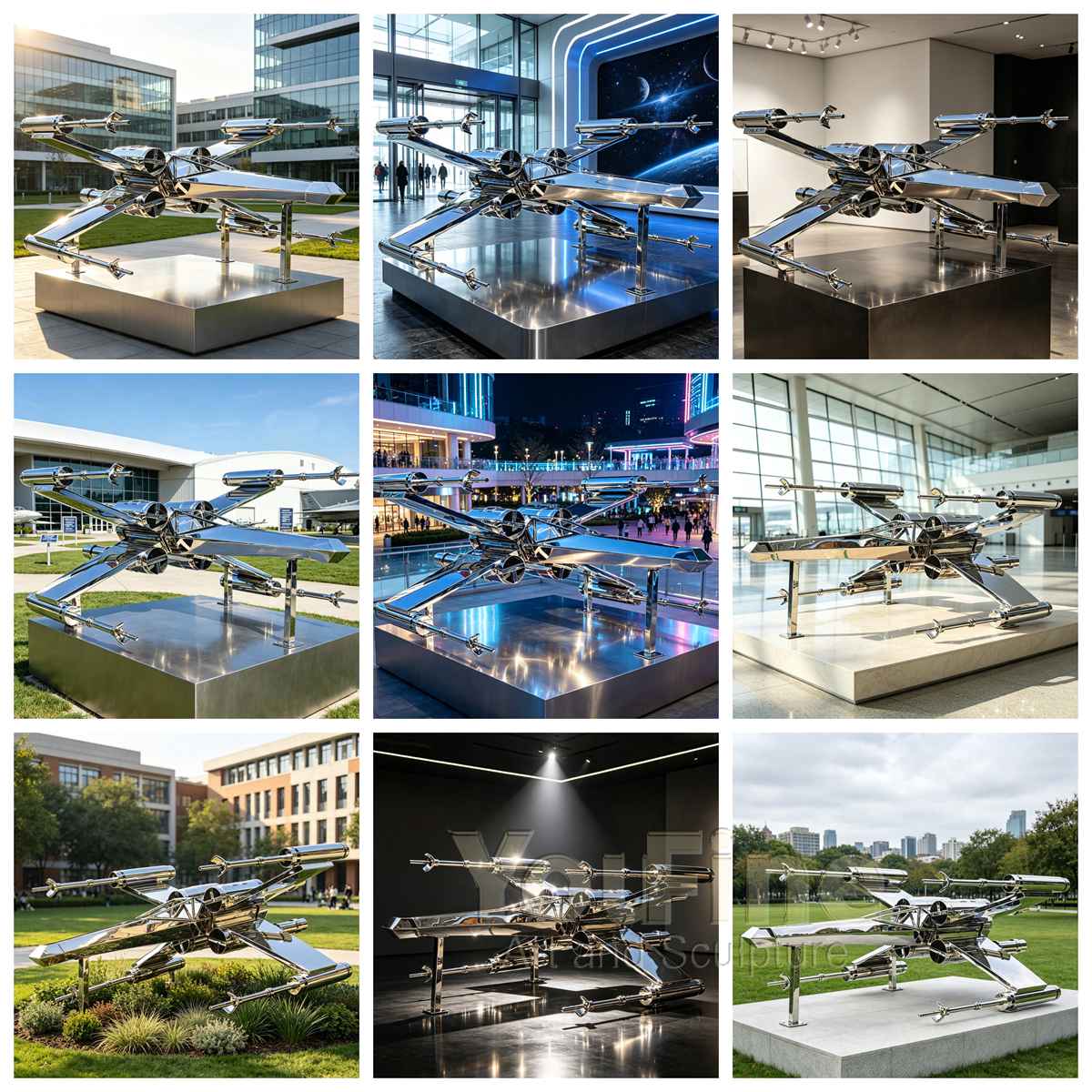 Custom Stainless Steel X-Wing Artwork Jet Sculpture - Aerospace & Space Sculptures - 3 Stainless Steel X-Wing Artwork Jet Sculpture