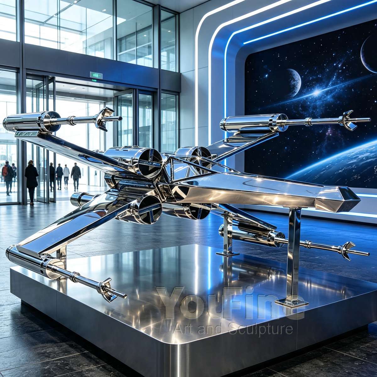Custom Stainless Steel X-Wing Artwork Jet Sculpture - Aerospace & Space Sculptures - 1 Stainless Steel X-Wing Artwork Jet Sculpture