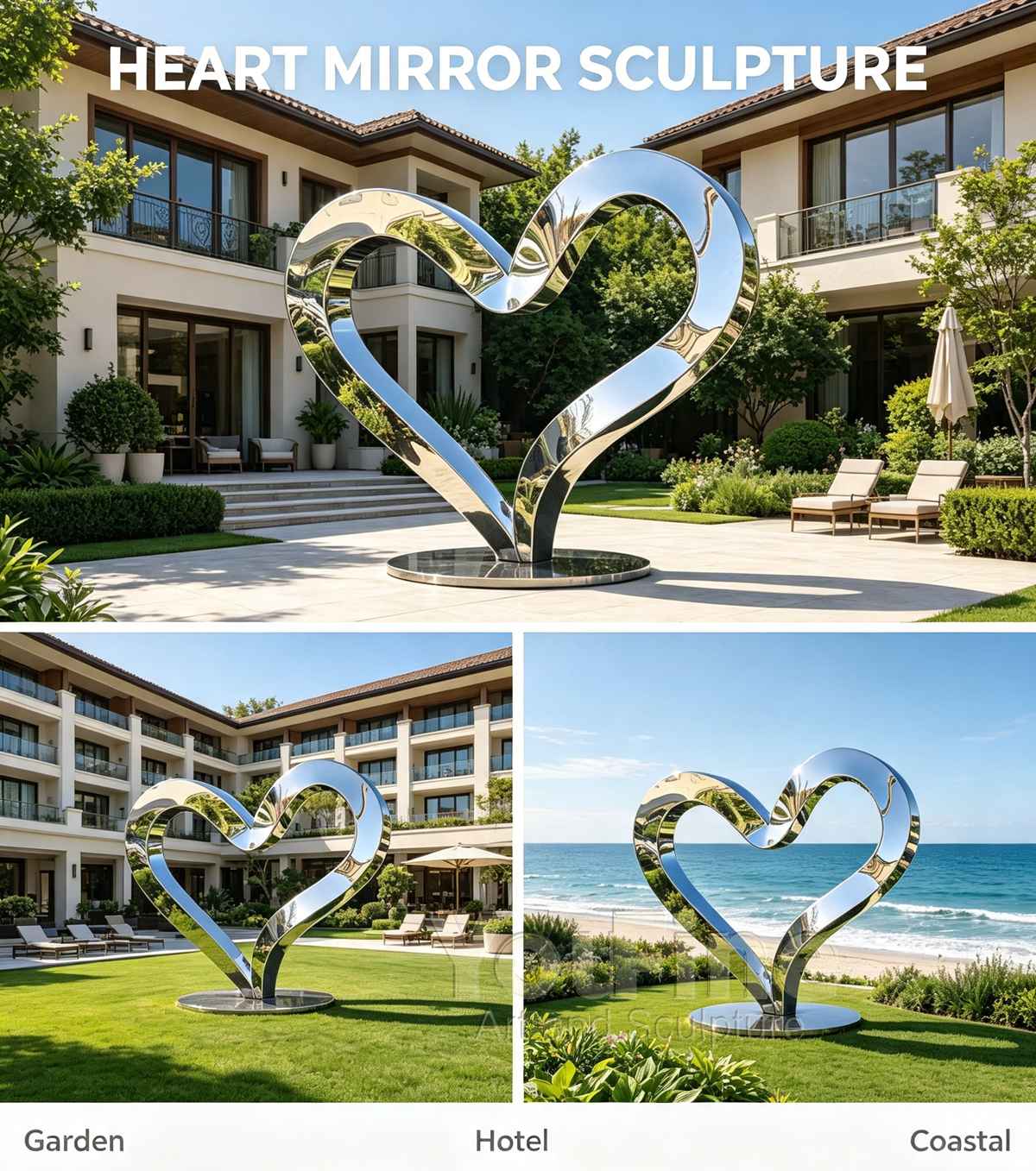Mirror Abstract Heart Outdoor Sculpture for Garden & Hotel - Garden Metal Sculpture - 6 Mirror Abstract Heart Outdoor Sculpture for Garden & Hotel