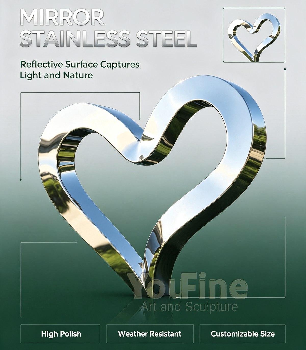 Mirror Abstract Heart Outdoor Sculpture for Garden & Hotel - Garden Metal Sculpture - 1 Mirror Abstract Heart Outdoor Sculpture for Garden & Hotel