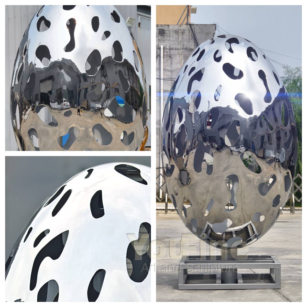 Modern Abstract Stainless Steel Hollow Egg Sculpture for Yard - Lawn Ornaments - 2 Modern Abstract Stainless Steel Hollow Egg Sculpture
