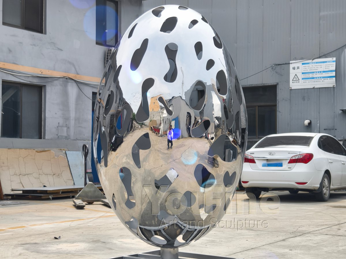 Modern Abstract Stainless Steel Hollow Egg Sculpture for Yard - Lawn Ornaments - 1 Modern Abstract Stainless Steel Hollow Egg Sculpture