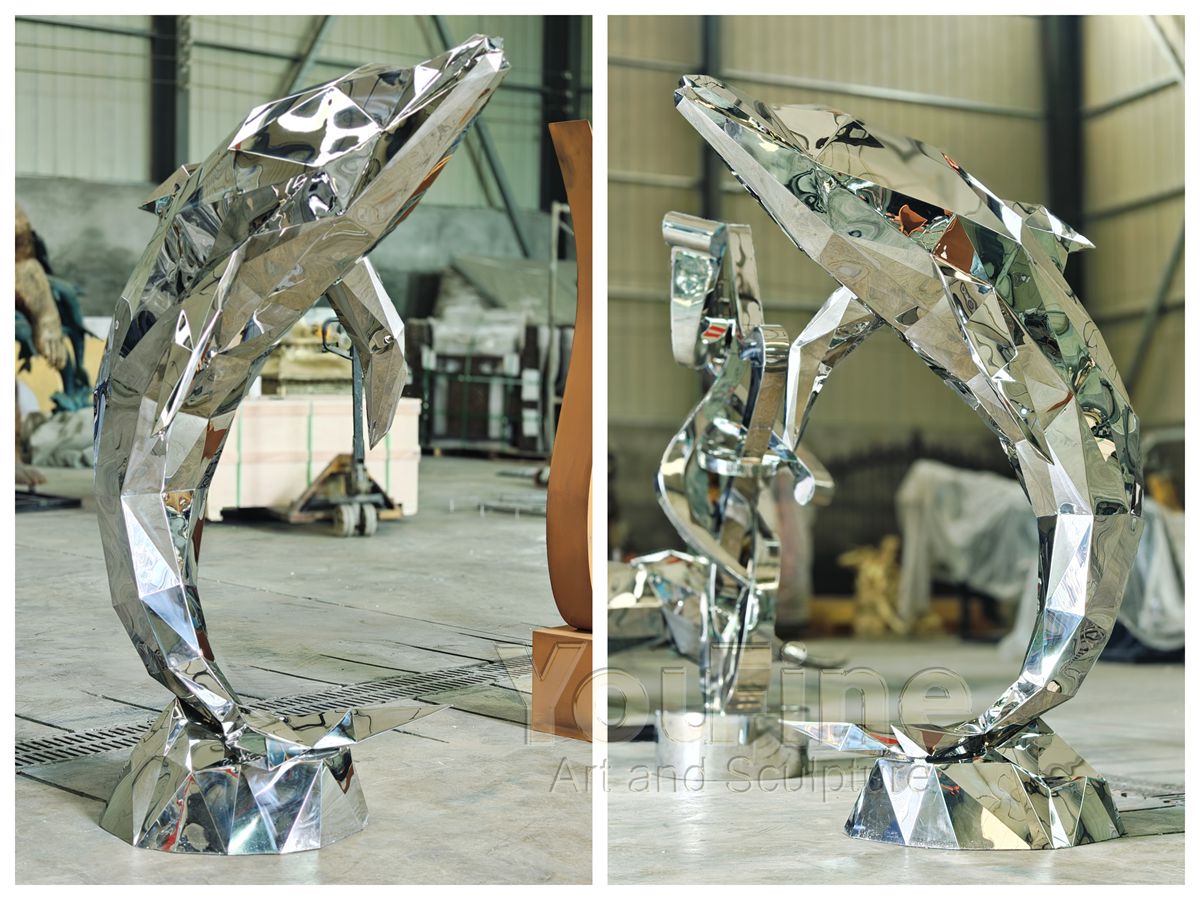 Modern Stainless Steel Geometric Dolphin Sculpture
