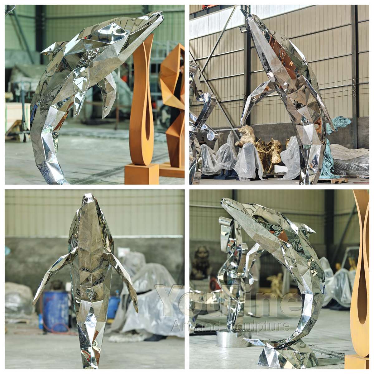 Modern Stainless Steel Geometric Dolphin Sculpture