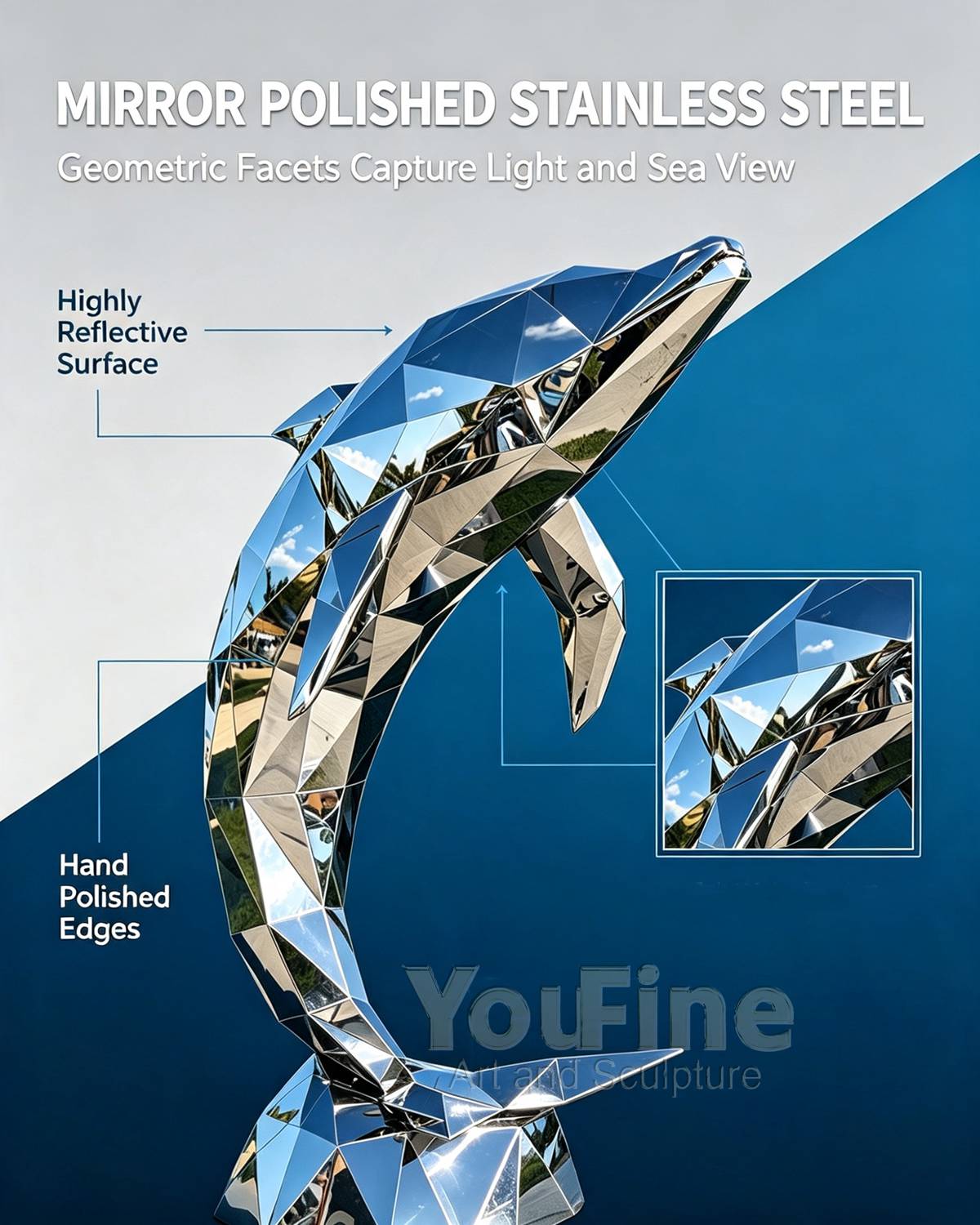 Modern Stainless Steel Geometric Dolphin Sculpture