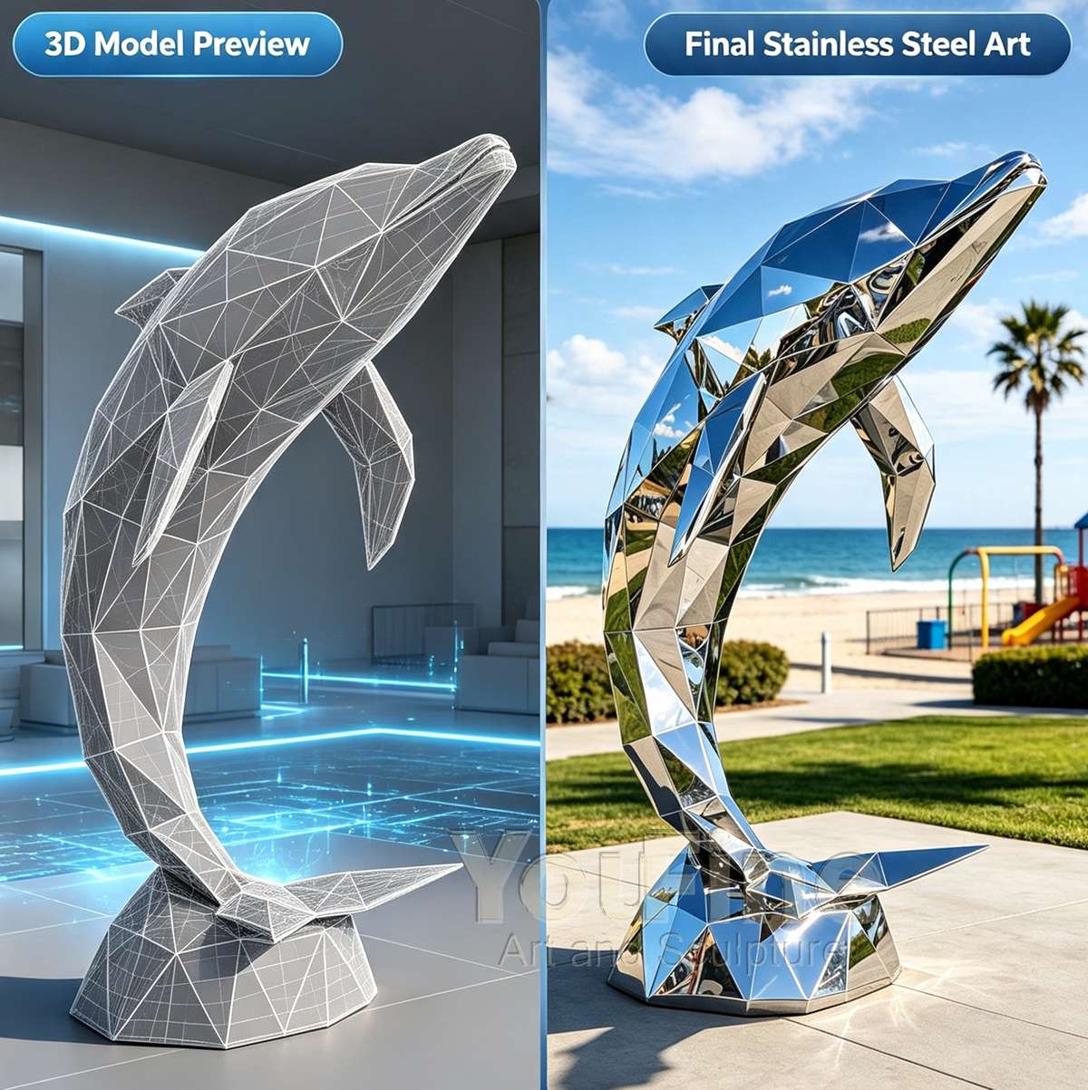 Modern Stainless Steel Geometric Dolphin Sculpture