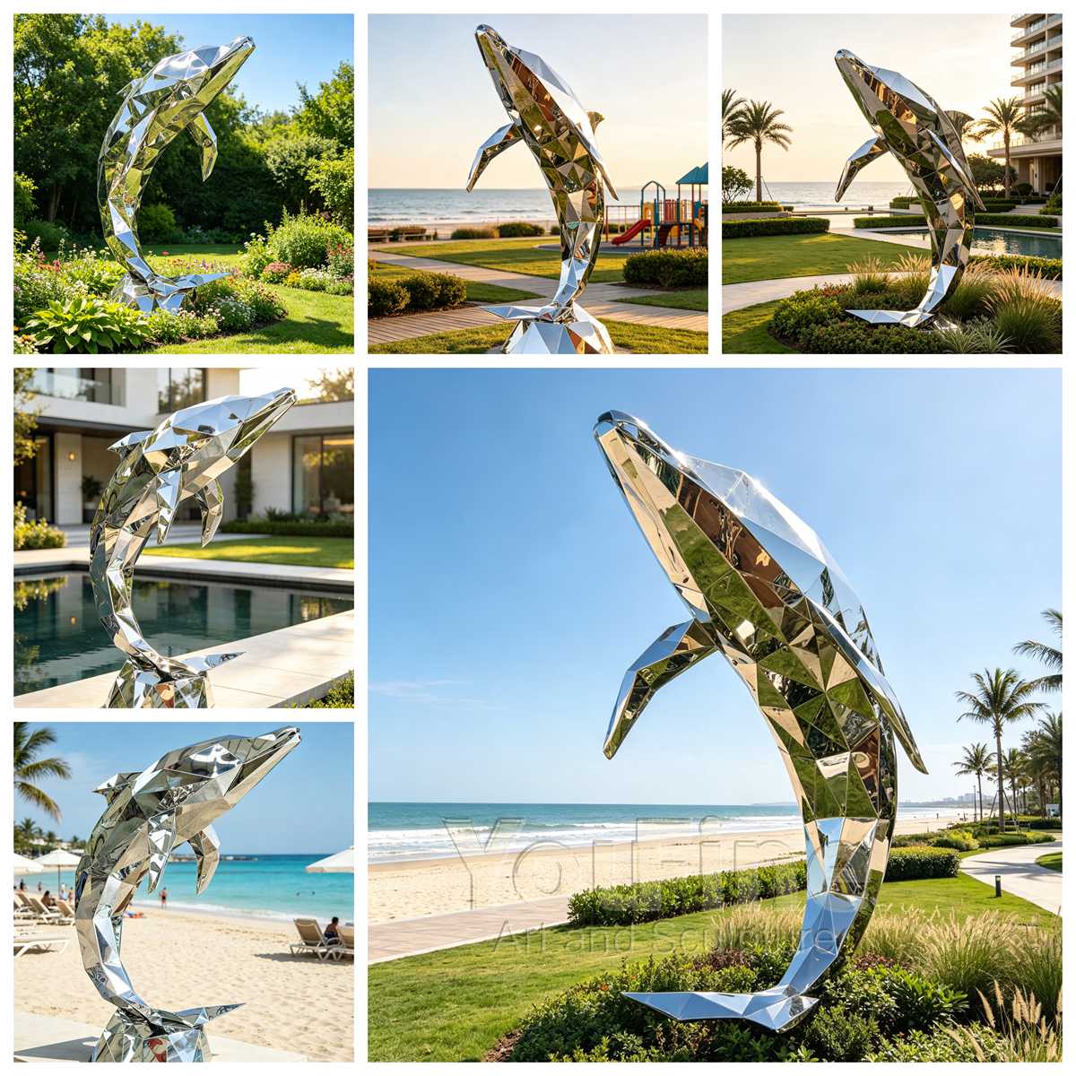Modern Stainless Steel Geometric Dolphin Sculpture