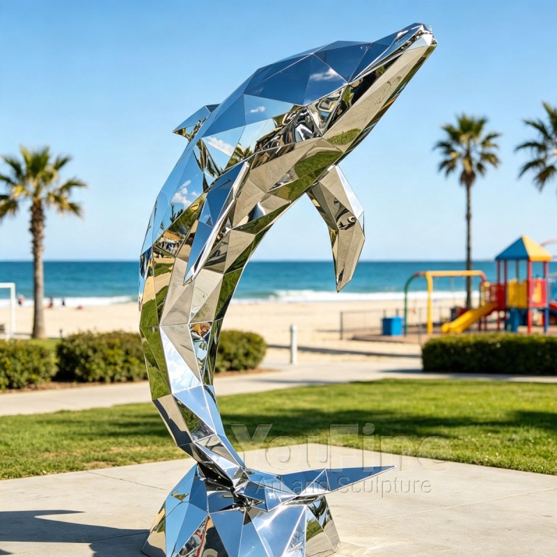 Modern Stainless Steel Geometric Dolphin Sculpture Modern Stainless Steel Geometric Dolphin Sculpture