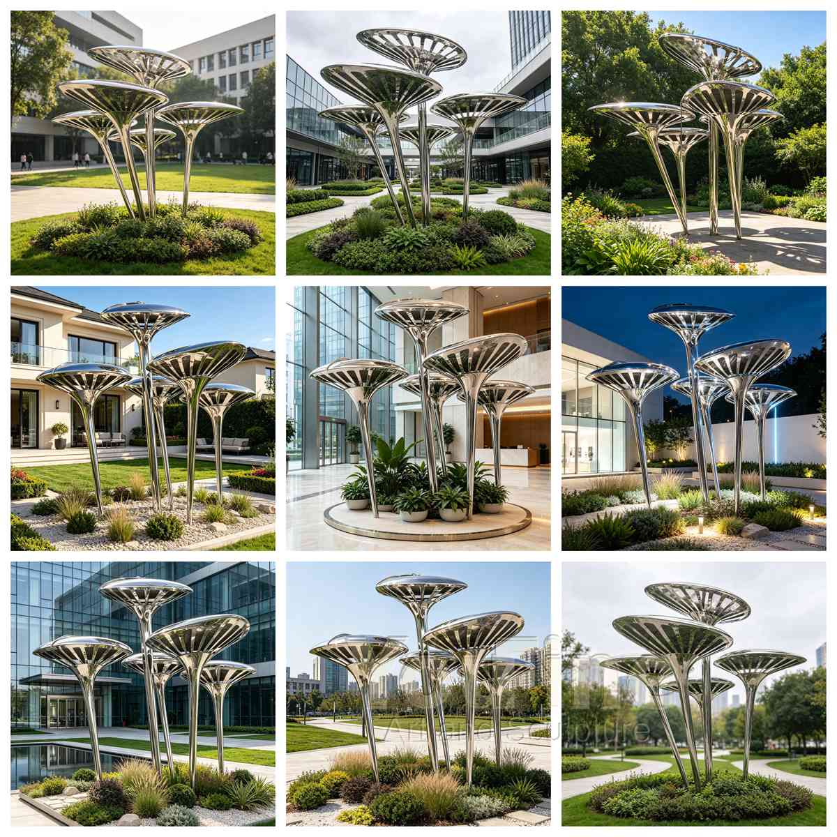 Stainless Steel Reishi Mushroom Sculpture in different areas