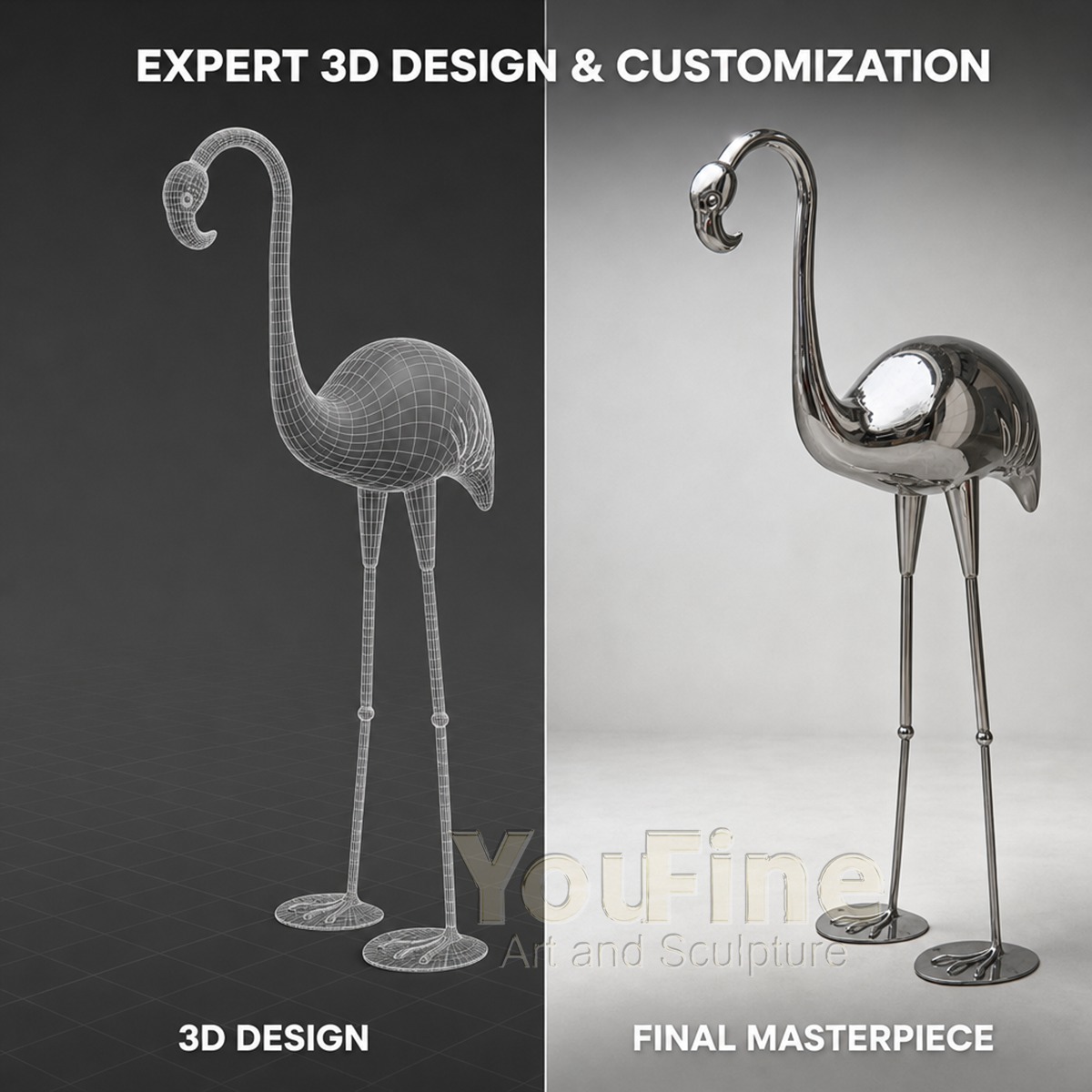 Modern Mirror Stainless Steel Flamingo Sculpture