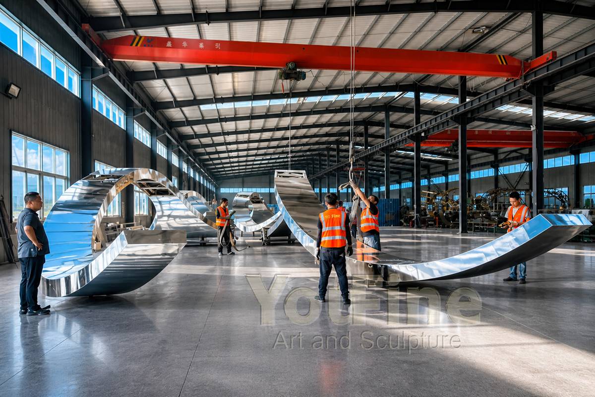 Large stainless steel sculpture production in factory