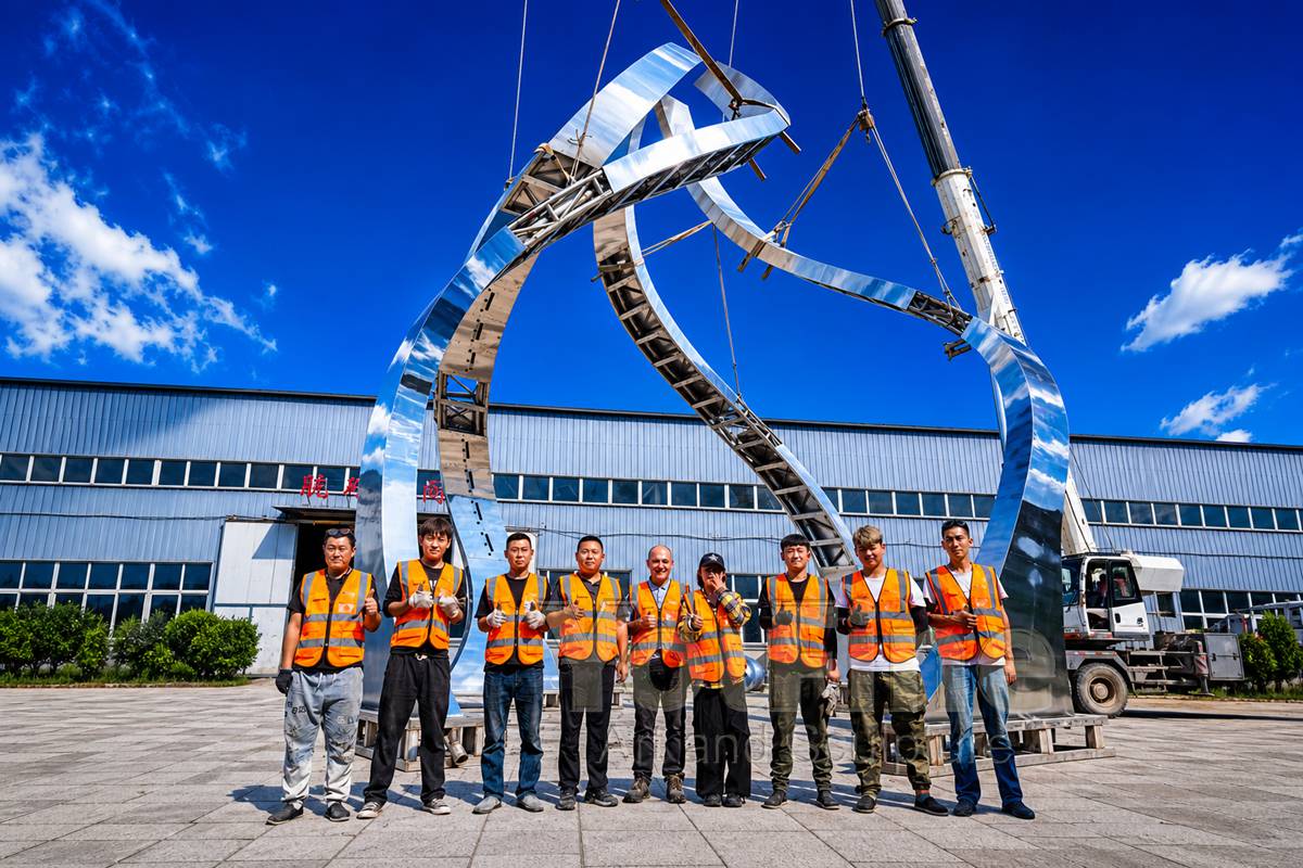 Factory production and client review of a stainless steel sculpture